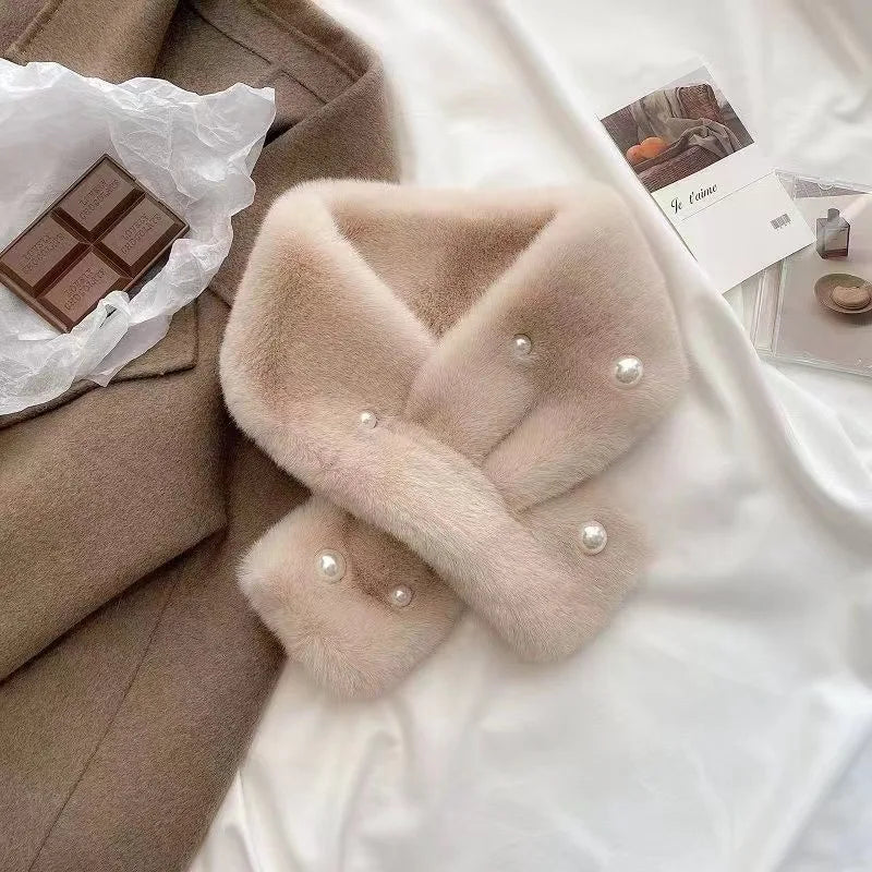 Women's Thick Faux Rabbit Fur Cross Collar Scarf - Winter Neck Warmer Soft Furry Solid Color Shawl