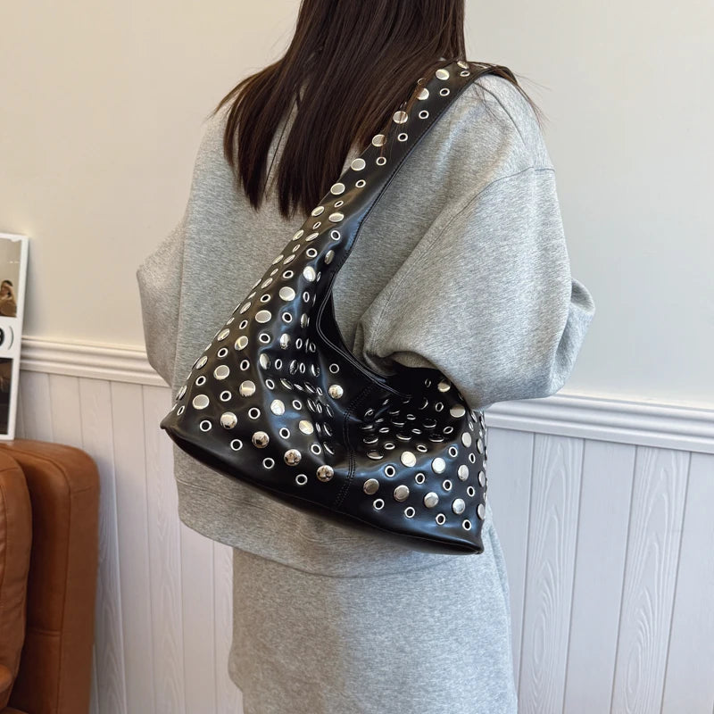 Rivets PU Leather Bucket Hobo Bag for Women - Punk Shoulder Handbag Purse