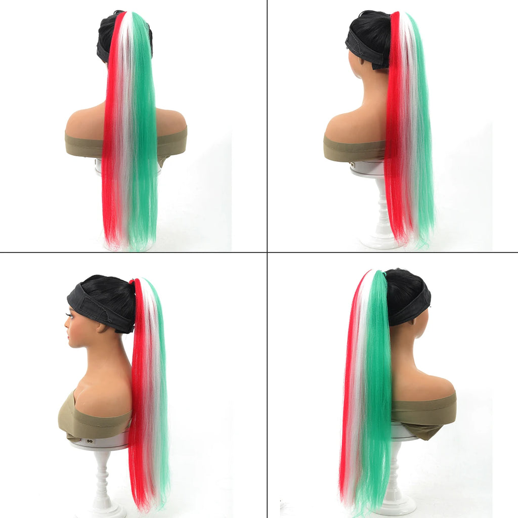 Christmas Color Braid Ponytail Extension with Elastic Tie - Straight Sleek Tube Wrap, Heat-Resistant Synthetic Hair