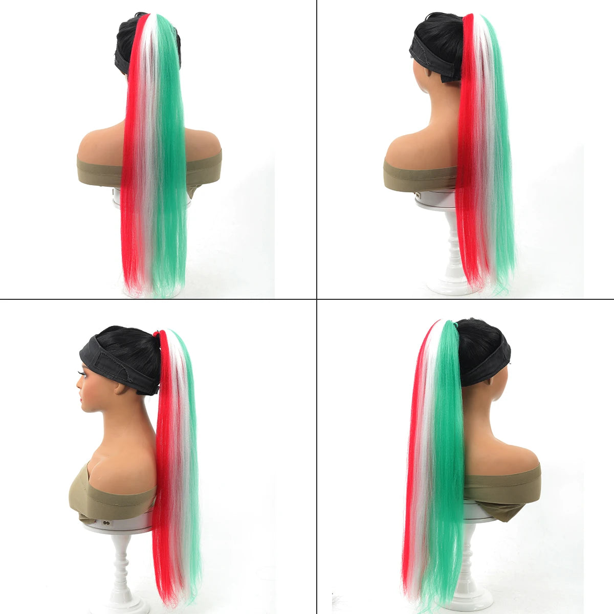 Christmas Color Braid Ponytail Extension with Elastic Tie - Straight Sleek Tube Wrap, Heat-Resistant Synthetic Hair