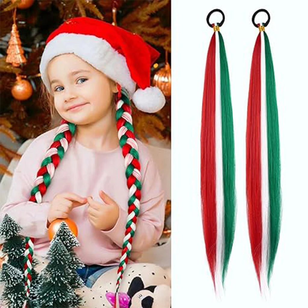 Christmas Color Braid Ponytail Extension with Elastic Tie - Straight Sleek Tube Wrap, Heat-Resistant Synthetic Hair