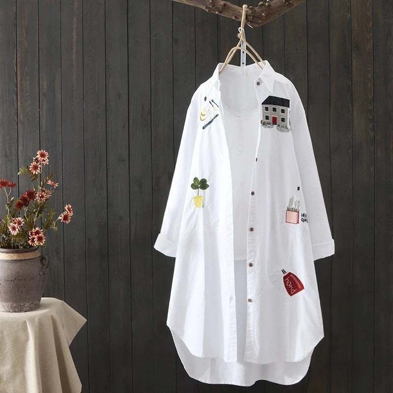 Embroidered Long White Blouse Loose Floral Office Top