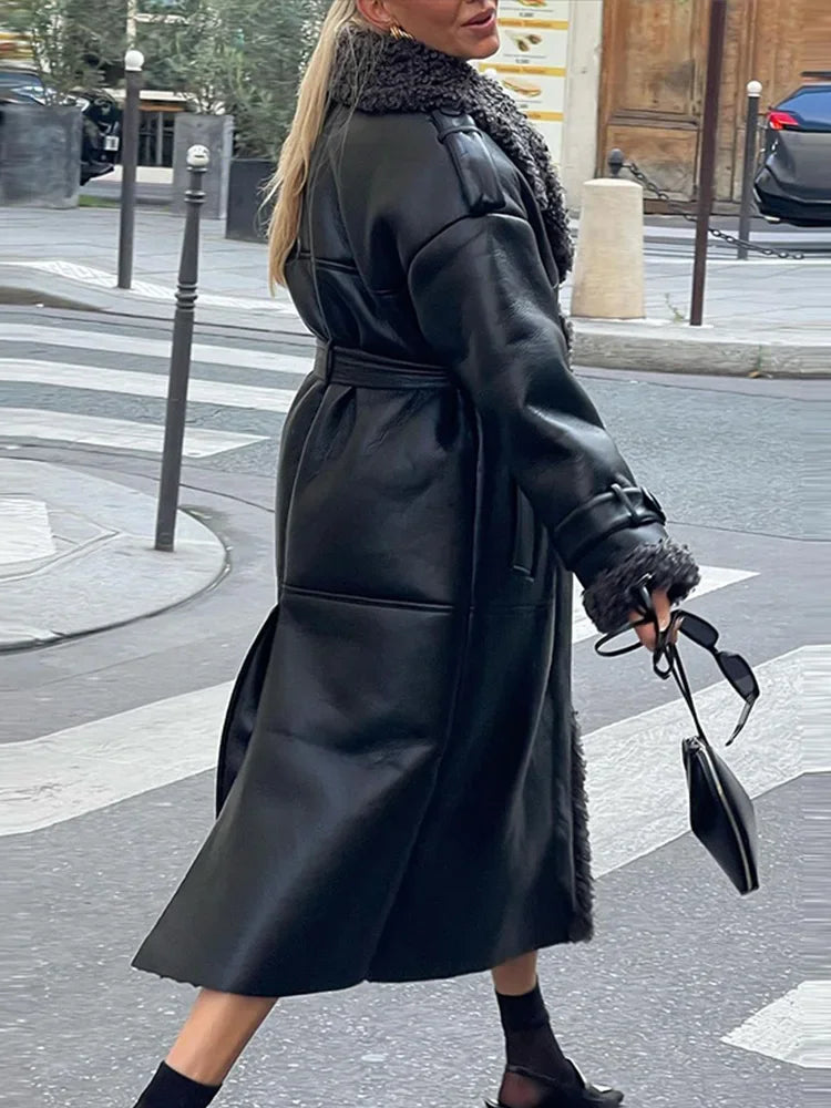 Faux Fur Leather Patchwork Long Coat for Women, Lapel Collar Belted Cotton-Lined Winter Jacket