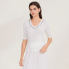 Women's V-Neck Wool Ribbed Pullover Sweater - Lightweight Mid Sleeve, Regular Fit Casual Knit