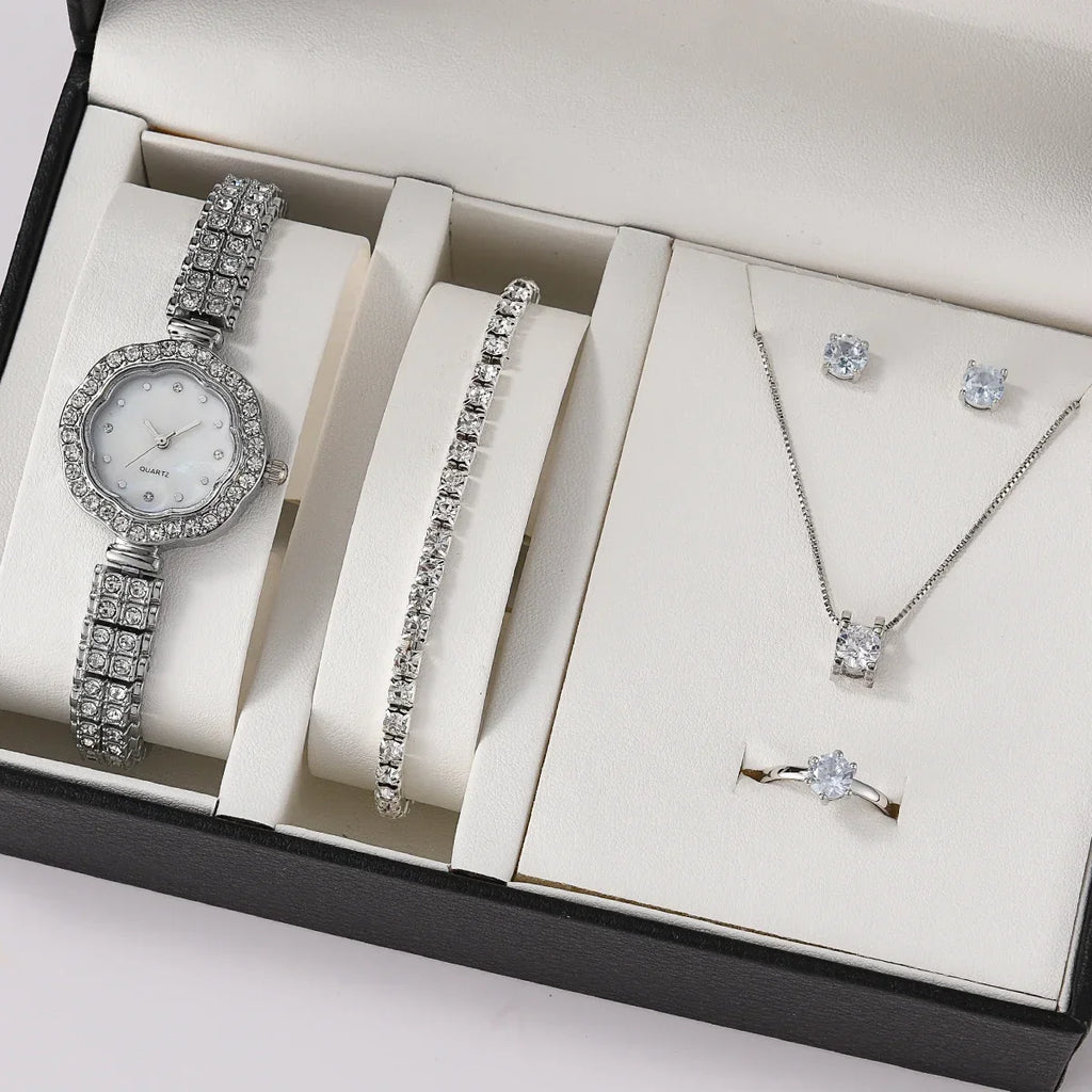 Women's Luxury Quartz Watch & 5-Piece Rhinestone Jewelry Set – Stainless Steel Strap, Bracelet, Necklace, Earrings & Ring