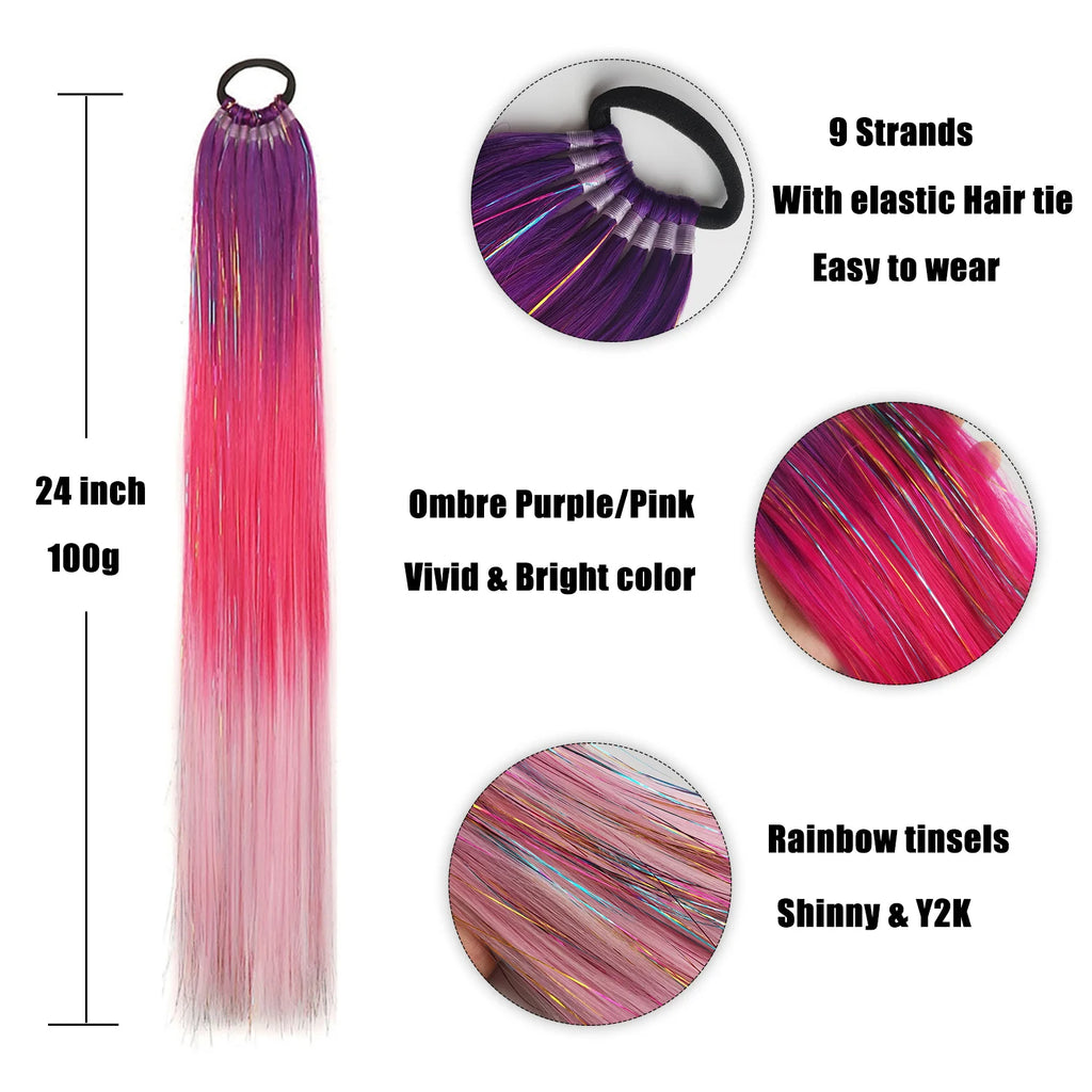 Purple Red Pink Ombre Tinsel Ponytail Extension with Elastic - 24in (60cm) 9-Strand Synthetic Hair for Girls, Crazy Hair Day