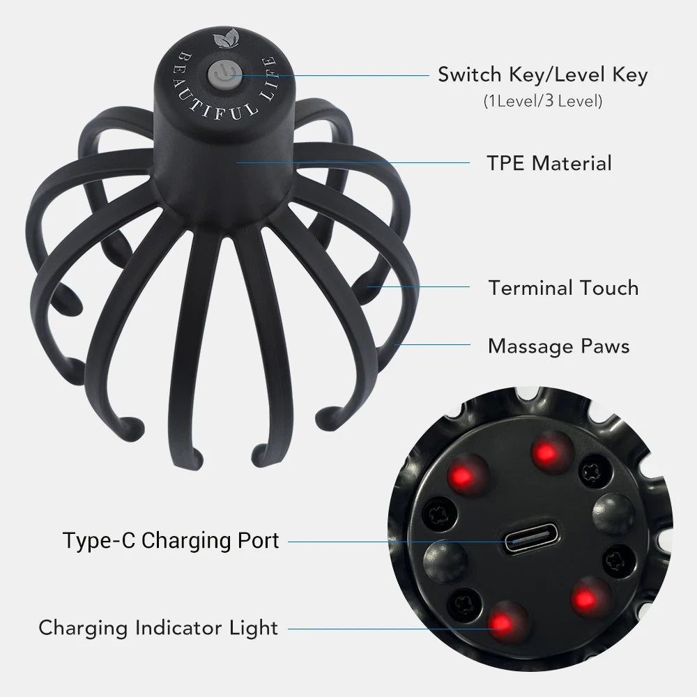 USB Rechargeable 3-Speed 3D Octopus Scalp Massager — Hands-Free Electric Head Scratcher for Stress Relief & Hair Stimulation