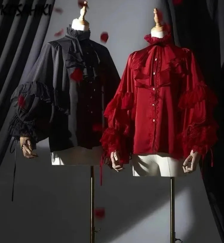 Kawaii Lolita Blouse for Women – Vintage Lace Patchwork Lantern Sleeve Top, Y2K Aesthetic JK Cosplay