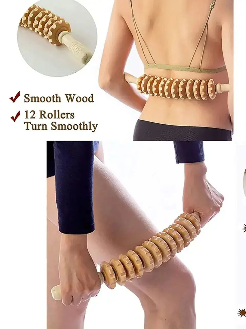 9-Roller Wooden Fascia Massager – Handheld Anti-Slip Muscle Roller for Back, Legs, Thighs & Buttocks