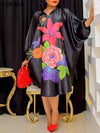 Plus Size 5XL Bohemian Floral Midi Dress V-Neck 3/4 Batwing Sleeve Loose Sundress