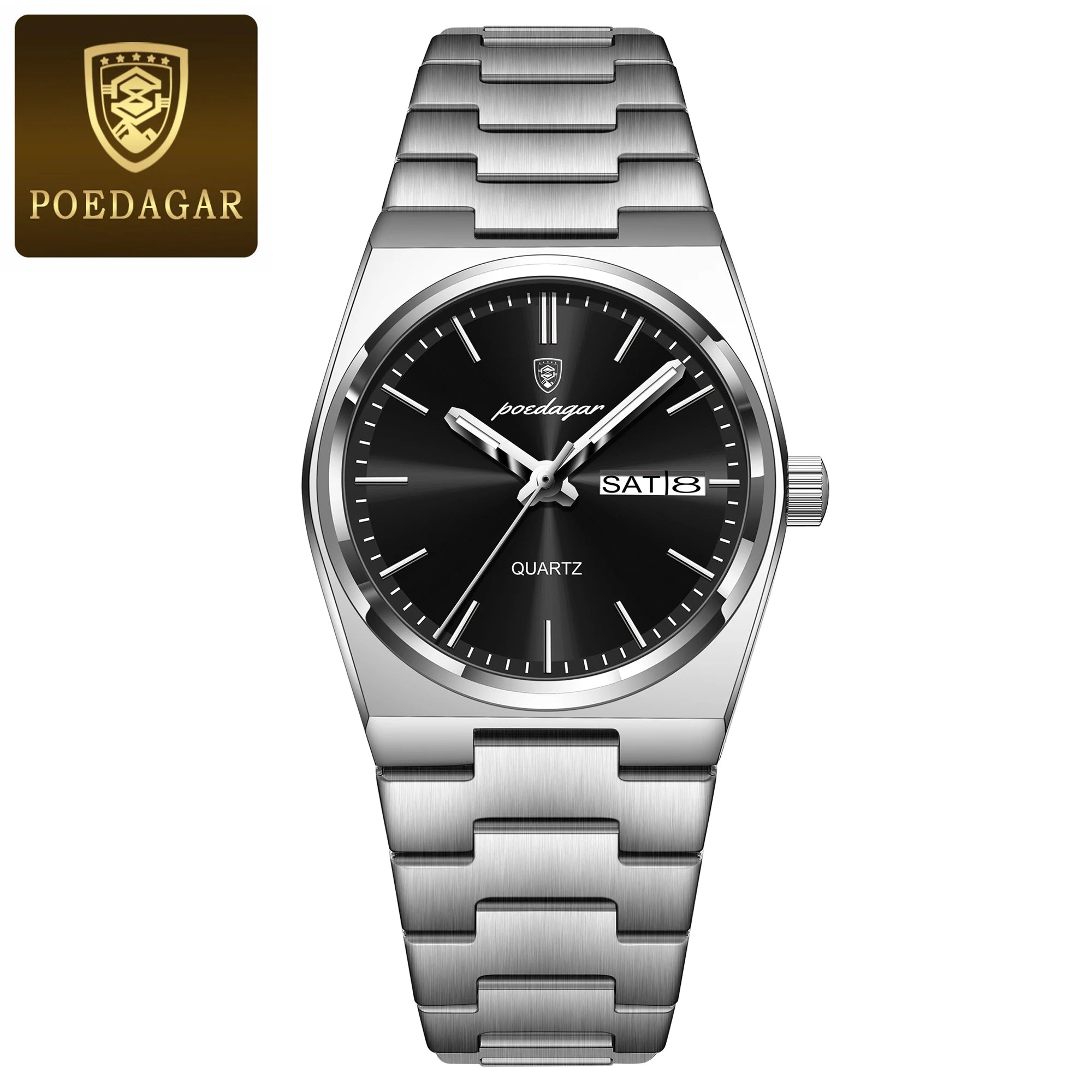 POEDAGAR Women's 35mm Stainless Steel Quartz Watch – Waterproof 3ATM, Luminous Hands, Date & Week Display