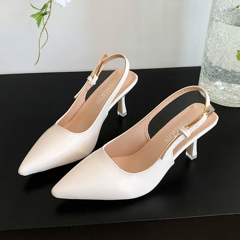 Pointed Toe Patent Leather Thin Heel Sandals for Women - Nude Office Dress Shoes, 3-5 cm (1.2-2.0 in) Heel