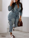 2025 new women's fashionable high elasticity tight fitting denim workwear, slim fit washed long sleeved jumpsuit, street style