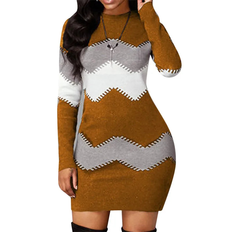 Women's Patchwork Rib Knit Turtleneck Sweater Mini Dress Long Sleeve Warm Casual A-Line