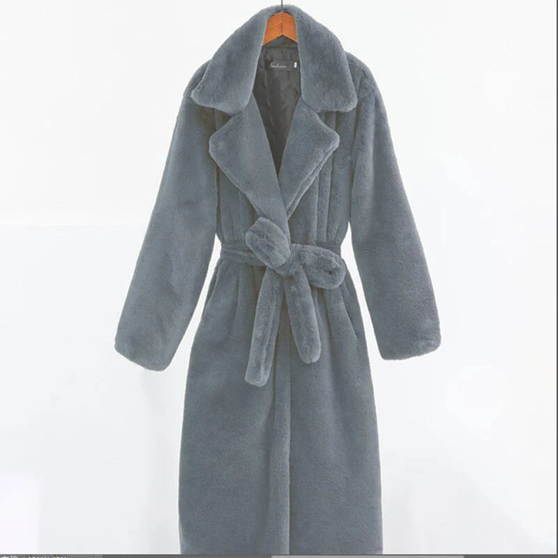 Women's Faux Leather Long Coat with Soft Mink Fur Trim & Pockets - Casual Street Style Winter Outwear