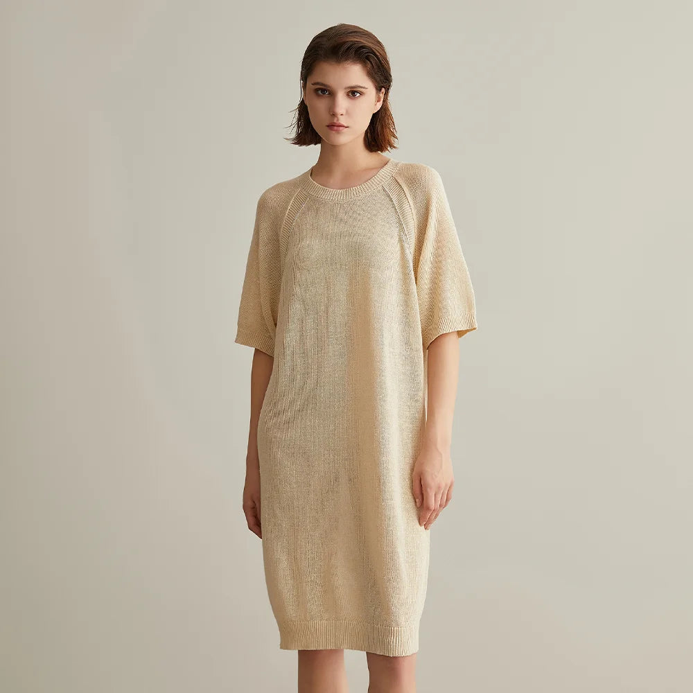 Luxury Women's Summer Linen Knit Dress – 100% Linen Loose Knee-Length O-Neck Casual Dress