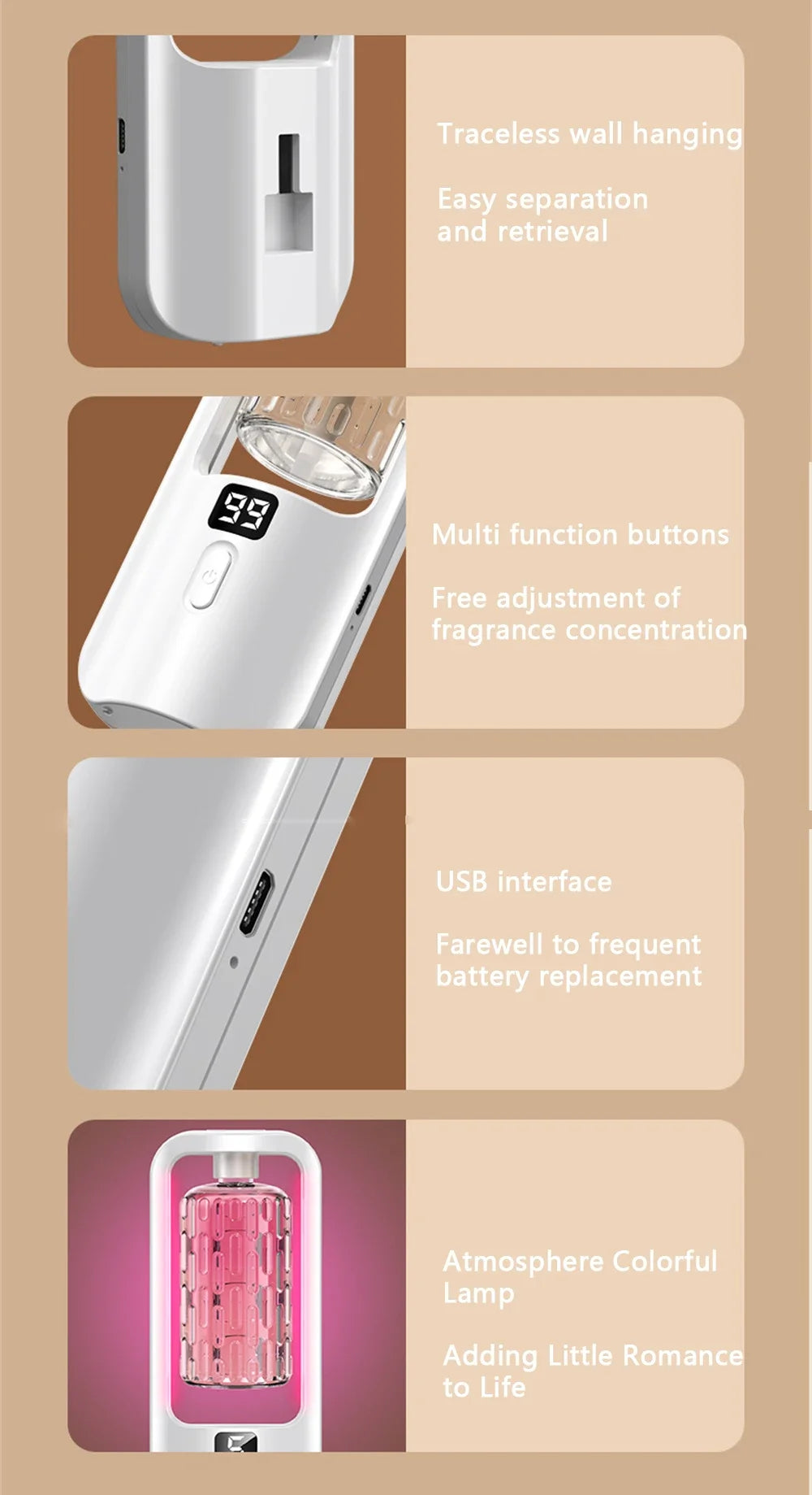 Wall-Mounted 50ml Aromatherapy Diffuser - USB-C Rechargeable Ultrasonic Air Purifier & Toilet Deodorizer with 5-Level Spray and Color Night Light