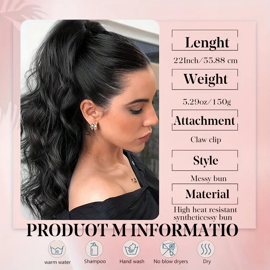 Clip-In Ponytail Extension for Women 22 in (56 cm) Body Wave Curly Claw Clip Synthetic Natural Look
