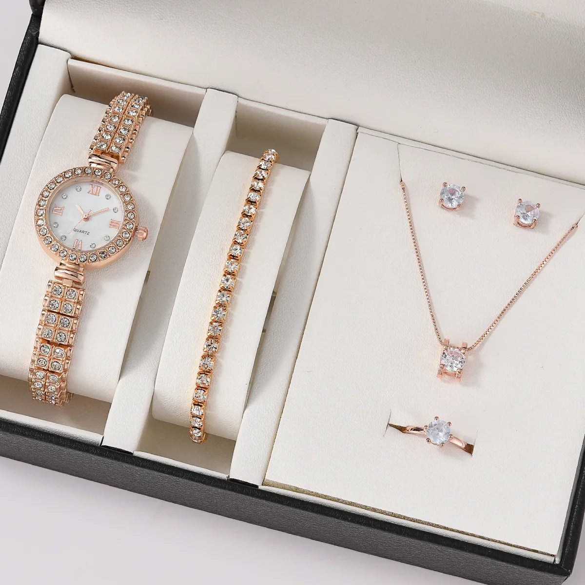 Women's Luxury Quartz Watch & 5-Piece Rhinestone Jewelry Set – Stainless Steel Strap, Bracelet, Necklace, Earrings & Ring