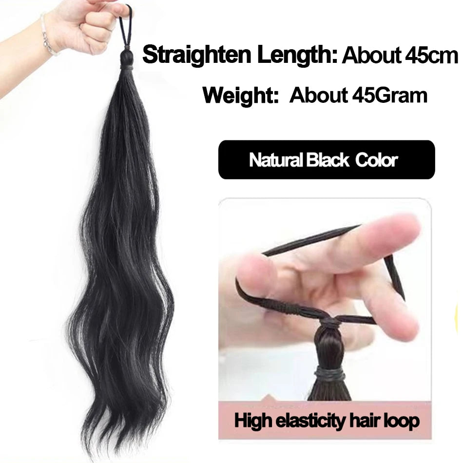 Long Wavy Synthetic Ponytail Extension 40cm (≈16 in) - Self-Winding Braided Wrap with Elastic Band