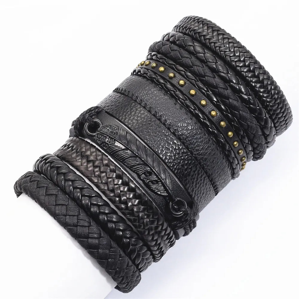 10-Pack Adjustable Black Woven Wrap Leather Bracelets – Handmade Unisex Rope Chain Lace-Up