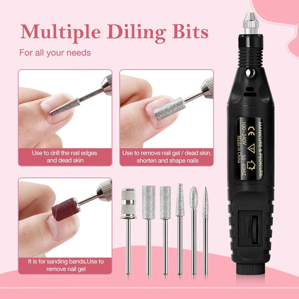 Electric Nail Drill Kit - Portable Professional Manicure & Pedicure Nail Sander, 20,000 RPM, 6 Bits & 6 Sand Bands