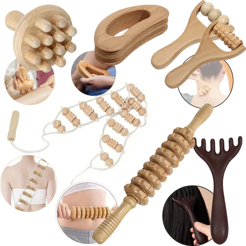 Wooden Handheld Massage Roller and Gua Sha Tool – Full-Body Trigger Point Massager for Women & Men