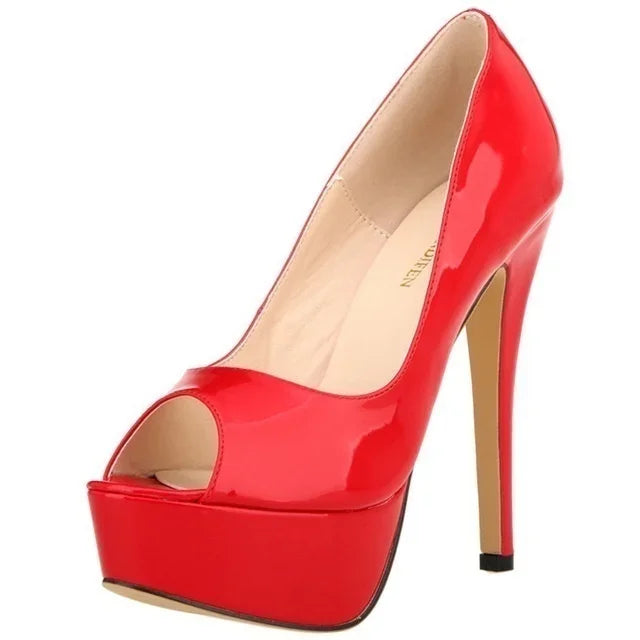 Women Platform Peep Toe Pumps 14cm (5.5 in) Thin Stiletto Patent Leather Party & Wedding Heels