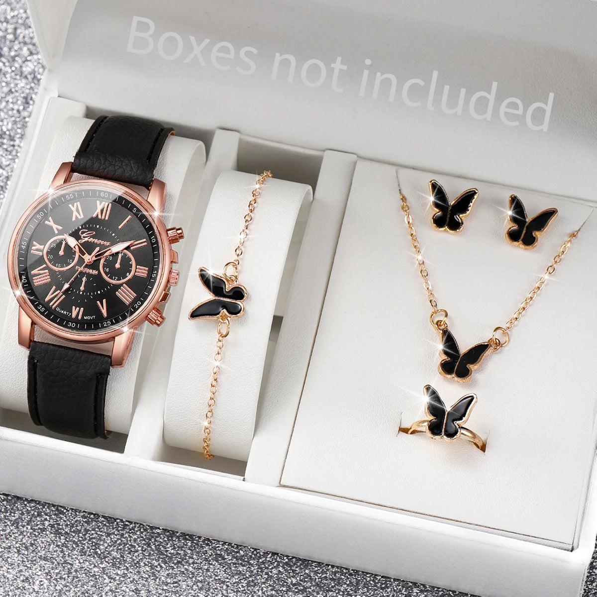 5/6-Piece Women's Quartz Leather Strap Watch Set with Heart Rhinestone Charm - Analog Fashion Wristwatches (Box Not Included)
