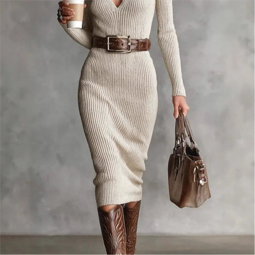 Women's Slim Fit Knitted Turtleneck Sweater Dress - Long Sleeve Mid-Calf Bodycon for Autumn Winter
