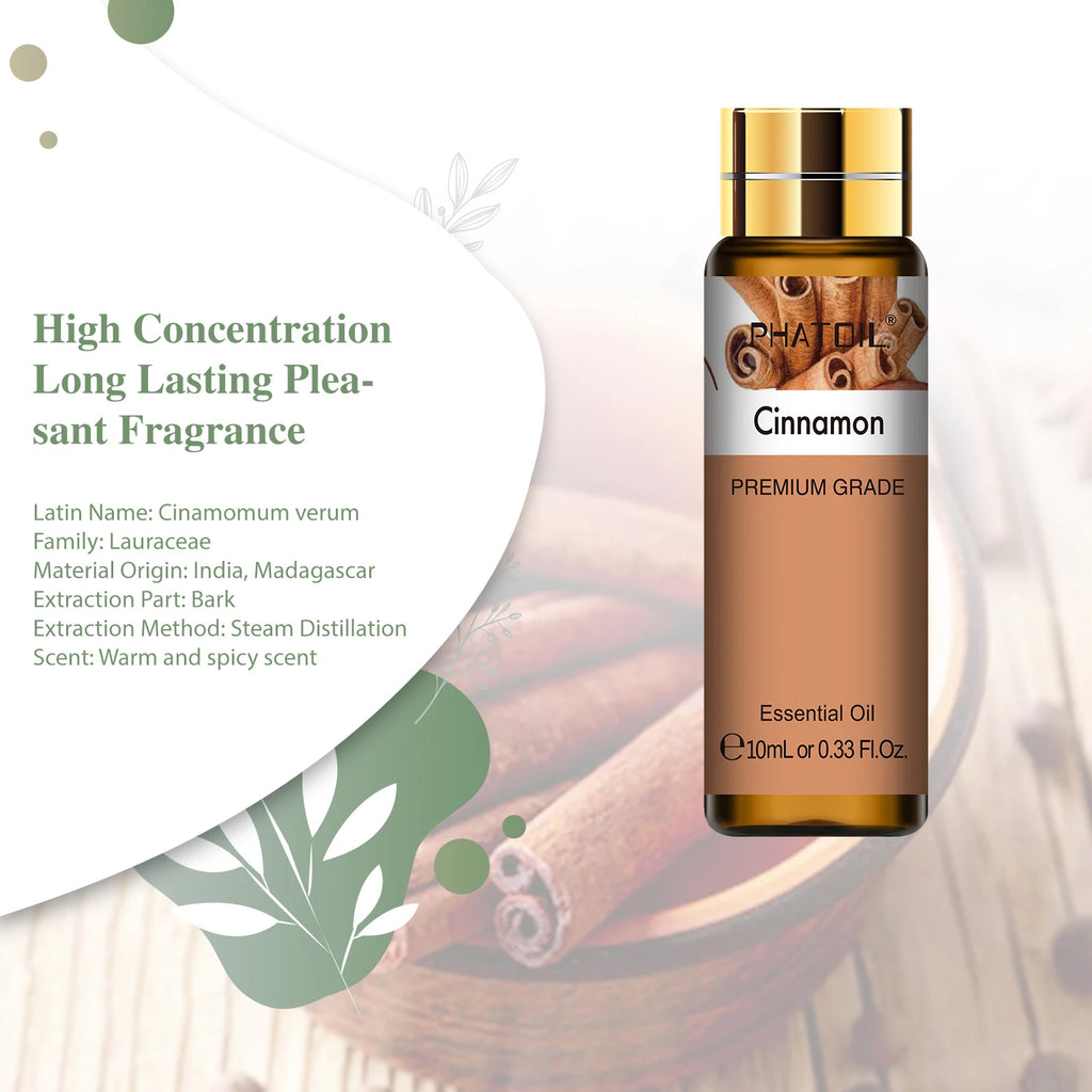 PHATOIL Cinnamon Essential Oil 10ml (0.34 fl oz) — Pure Natural Aromatherapy for Diffuser, Massage, Spa, Candles & Soap Making