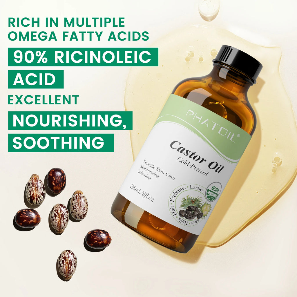 PHATOIL Organic Cold-Pressed Castor Oil 118ml/236ml (4/8 fl oz) - Unrefined for Hair, Eyelash & Nail Growth and Skin Moisturizer