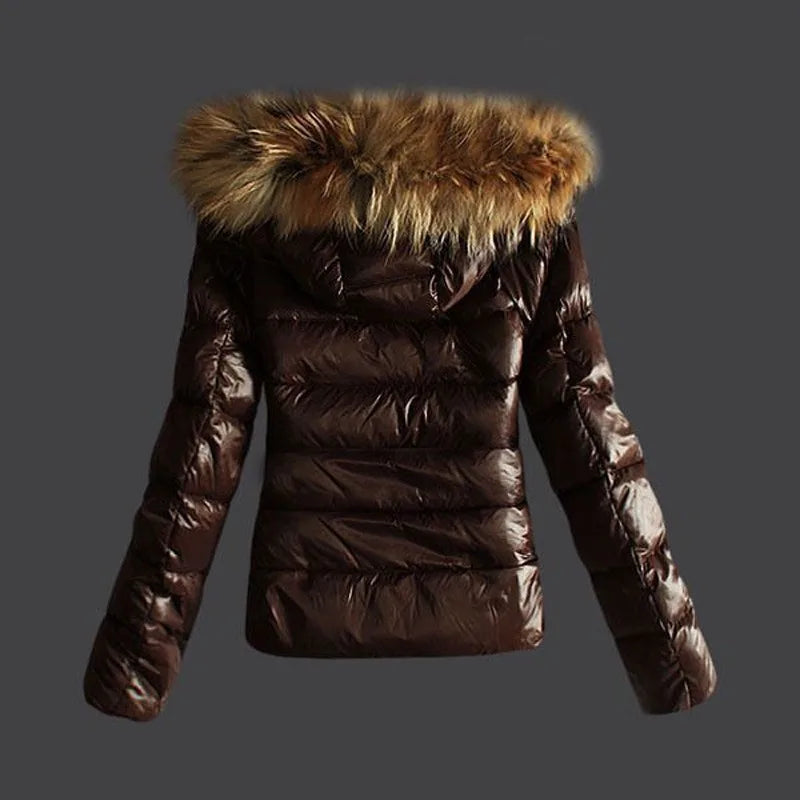 Women's Faux PU Leather Short Winter Coat with Artificial Fur Collar and Waterproof Windproof Design