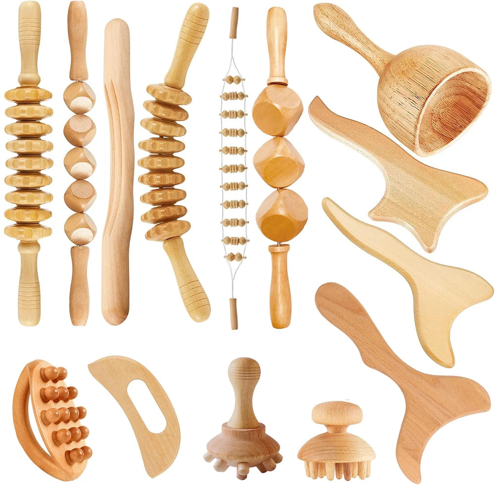 Wood Therapy Massage Roller and Gua Sha - Wooden Anti-Cellulite Slimming Massager for Body, Back & Feet