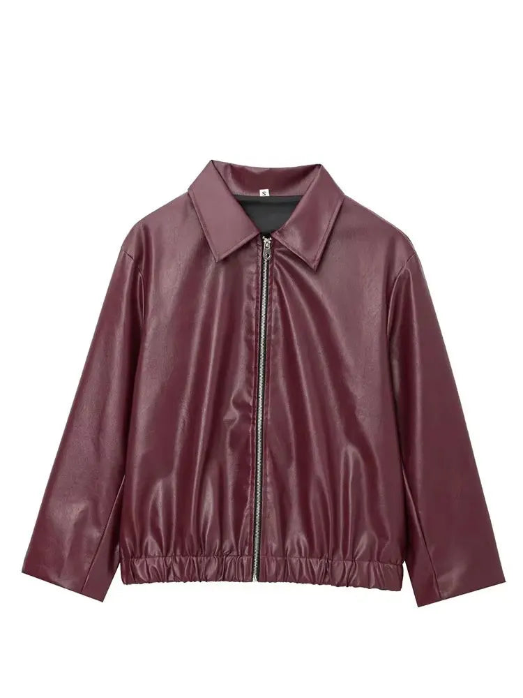 HH Wine Red Faux Leather Jacket for Women – PU Lapel Zipper Coat, Vintage Streetwear Autumn/Winter