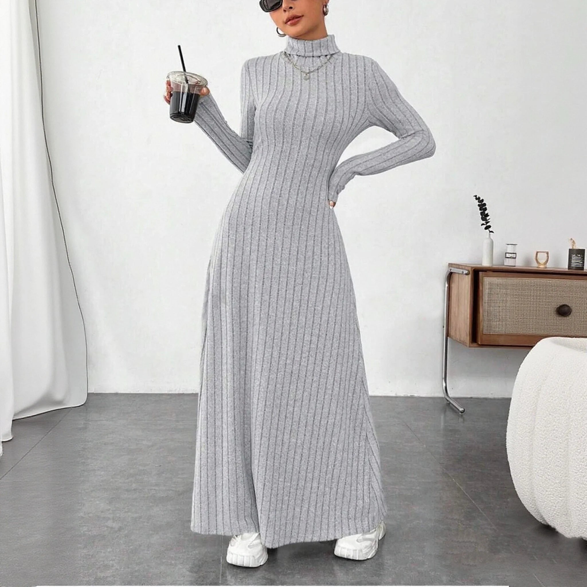 Knitted Turtleneck Long Sleeve Dress for Women - Vintage Slim Ankle-Length Knit, Autumn/Winter Casual Y2K