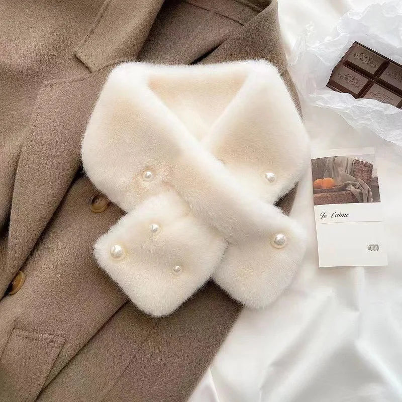 Women's Thick Faux Rabbit Fur Cross Collar Scarf - Winter Neck Warmer Soft Furry Solid Color Shawl