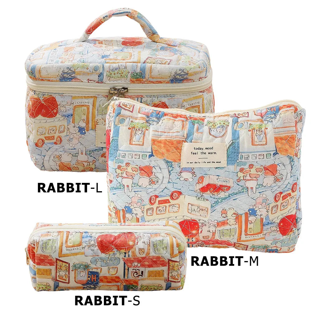 Quilted Cotton Makeup Bag – Zipper Cosmetic Organizer Box-Shaped Toiletry Case for Women & Girls