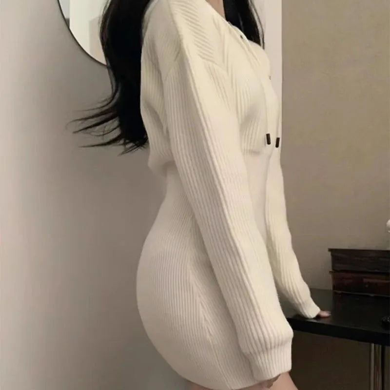 White Thick Knit Hooded Mini Dress - Korean Elastic High-Waist Bandage Long Sleeve Slim Fit