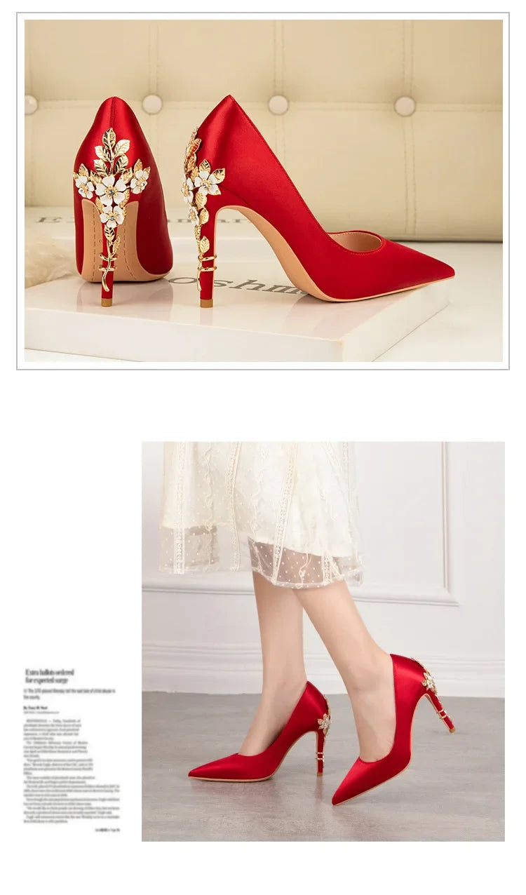 Women's Satin Pointed-Toe Stiletto Pumps with Metal Flower Detail — High Heel Wedding Shoes