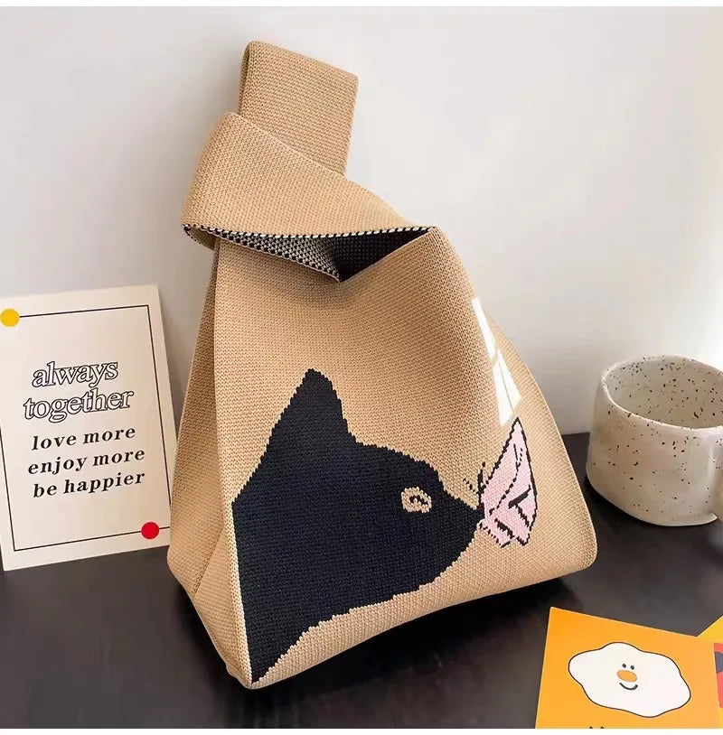 Handmade Knitted Knot Wrist Bag - Striped Mini Tote for Women, Large-Capacity Phone Bucket, Autumn Winter Casual