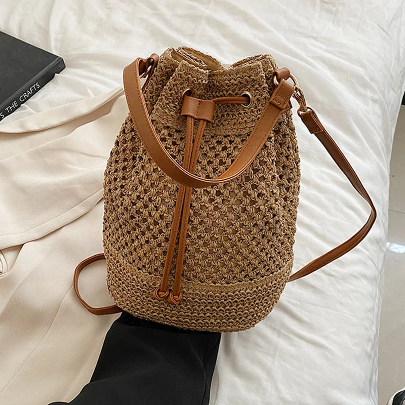 Braided Straw Bucket Bag for Women - Drawstring Shoulder & Crossbody Beach Travel Woven Handbag