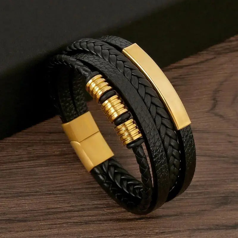 Men's Multi-Layer Woven Leather Bracelet with Alloy Magnetic Buckle - Punk Style, 19/21/23 cm (7.5/8.3/9.1 in)