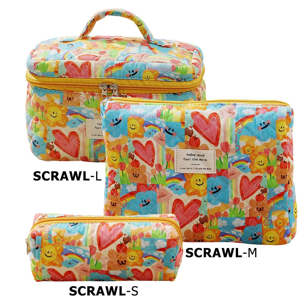 Quilted Cotton Makeup Bag – Zipper Cosmetic Organizer Box-Shaped Toiletry Case for Women & Girls