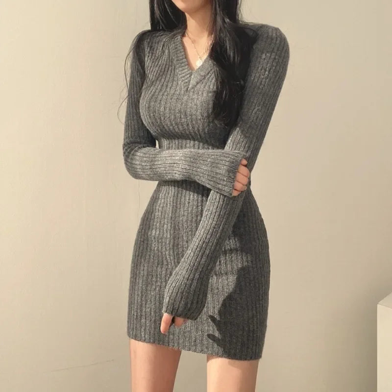 V-Neck Knit Sweater Dress — Long Sleeve Autumn/Winter Bodycon Mini, One Size, Solid Colors (Gray/Black/Apricot)