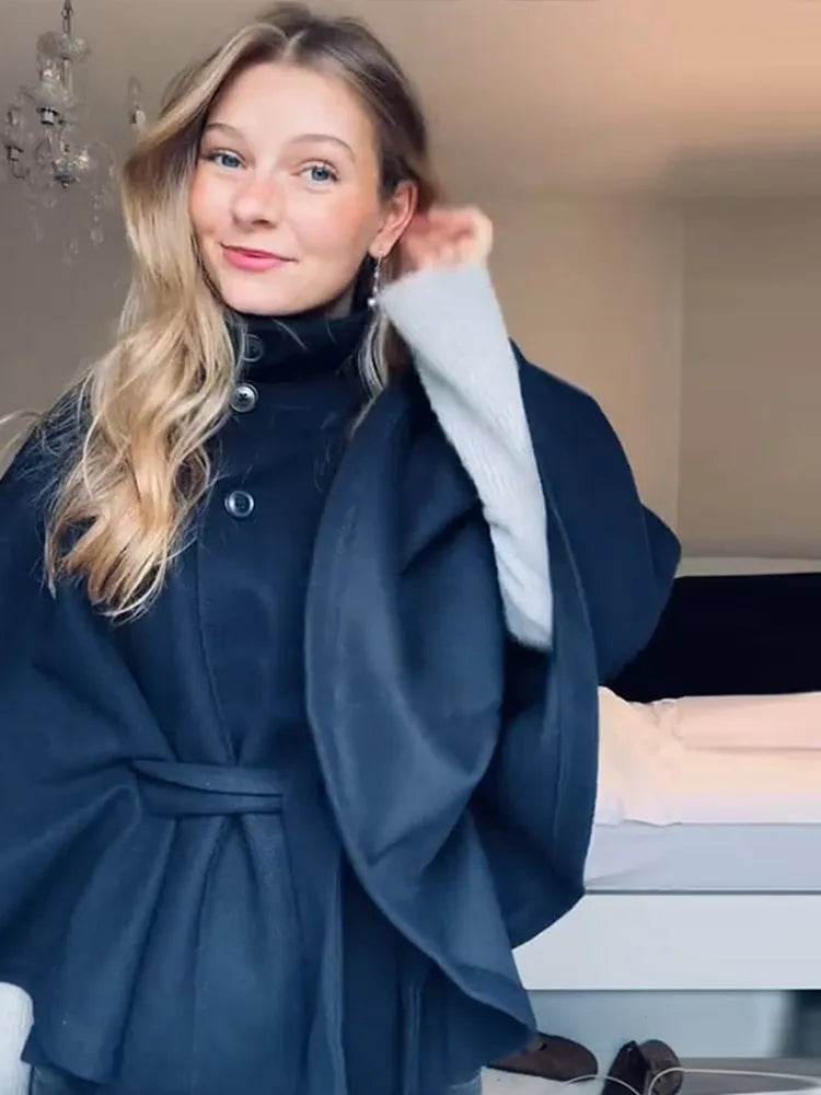 Faux Fur Cloak Jacket for Women – Stand Collar Three-Button Belted Wide-Sleeve Coat, Casual Chic Outerwear