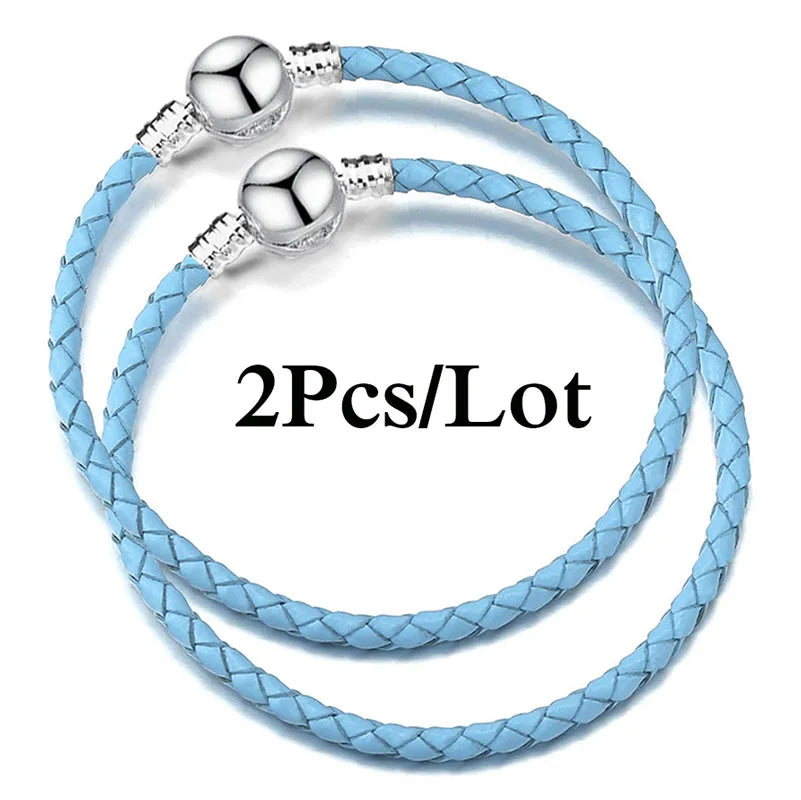 2-Pack Leather Chain Charm Bracelets with Beads – Handmade Couples Pulsera Jewelry (Unisex)