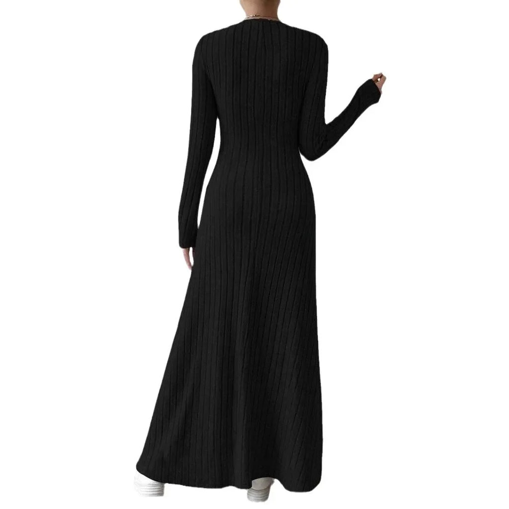 Knitted Long-Sleeve A-Line Dress — Slim Fit Solid Color Ankle-Length Streetwear for Women