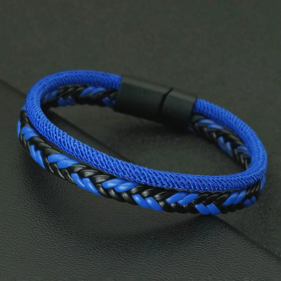Men's Double-Layer Braided Leather Bracelet with Detachable Magnetic Buckle & Chain - Hiphop Street Armband