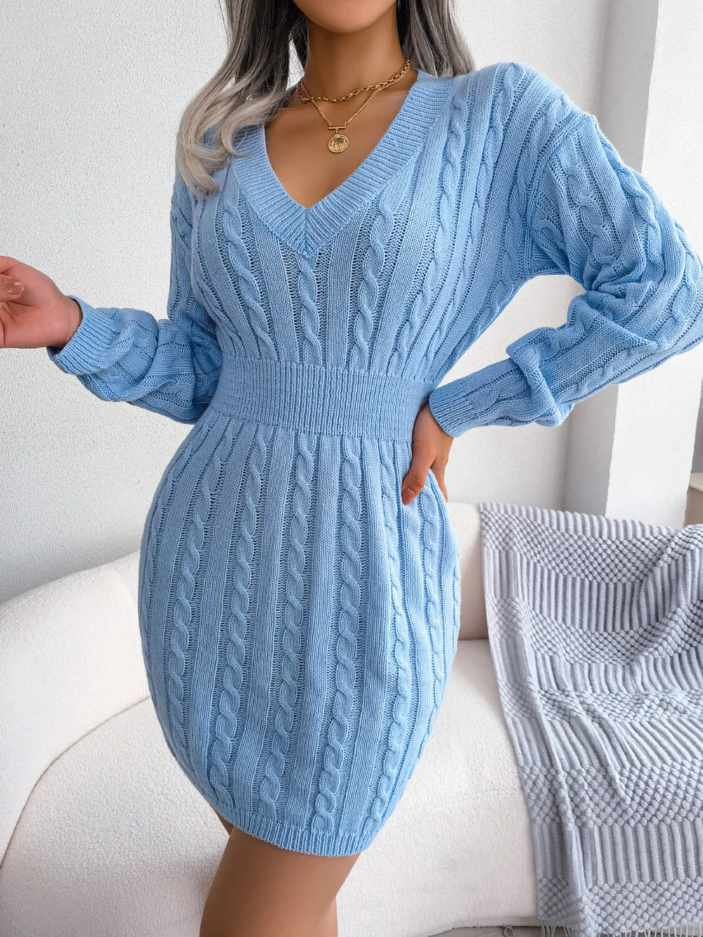 VigoCasey V-Neck Long Sleeve Knit Dress – Women's Autumn/Winter Solid Bodycon A-Line Ankle-Length